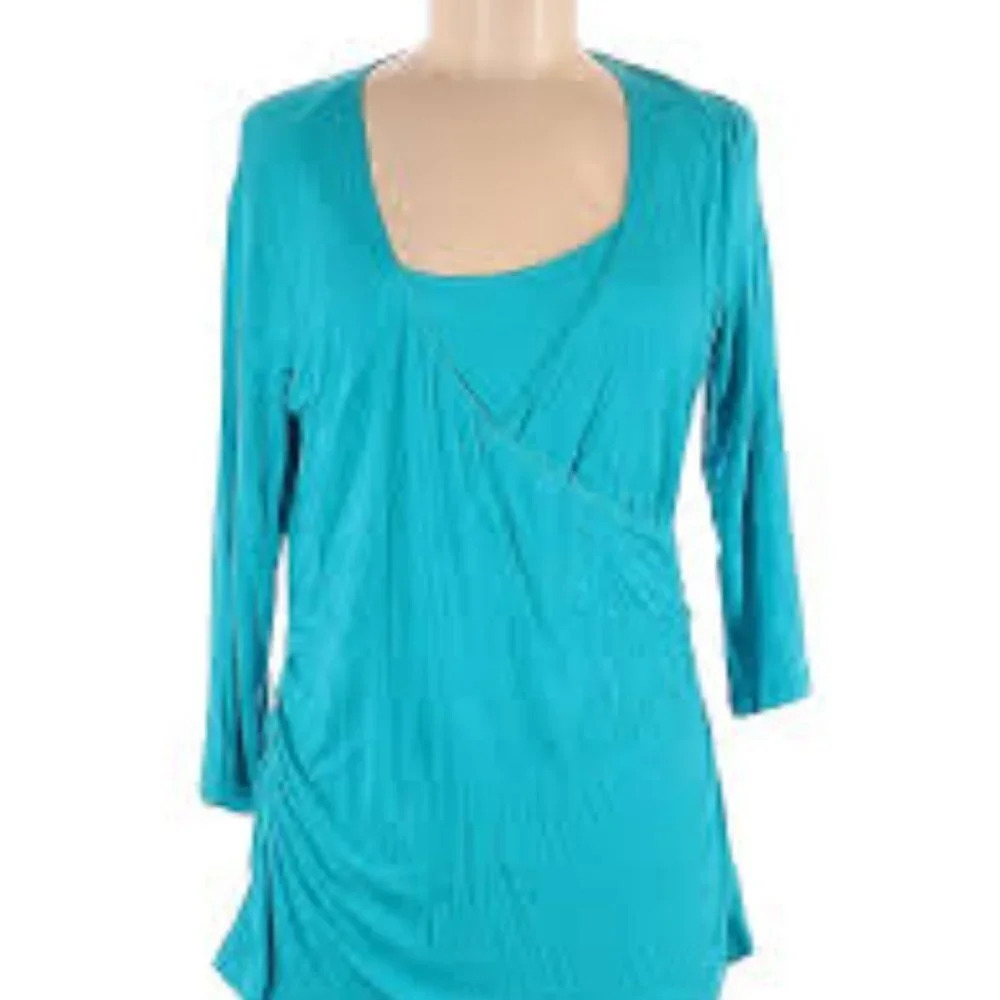Norm Thompson Plus Size 1X Turquoise‎ V-Neck 3/4 Sleeve Wrap Front Blouse